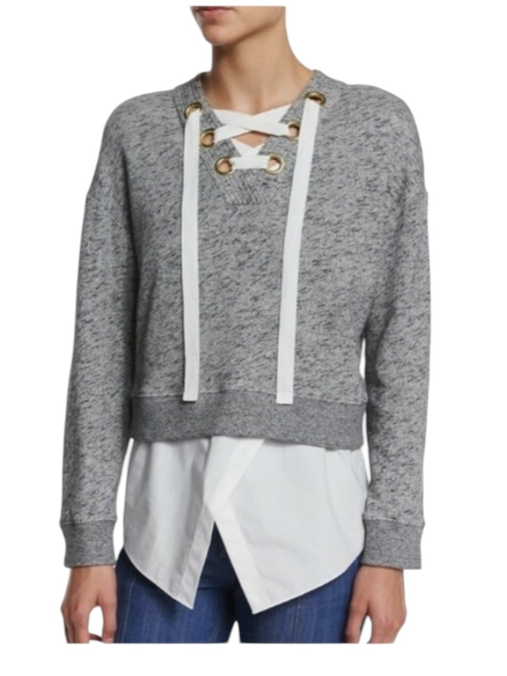 DEREK LAM 10 CROSBY GRAY MELANGE CROPPED V NECK LACE UP SWEATSHIRT